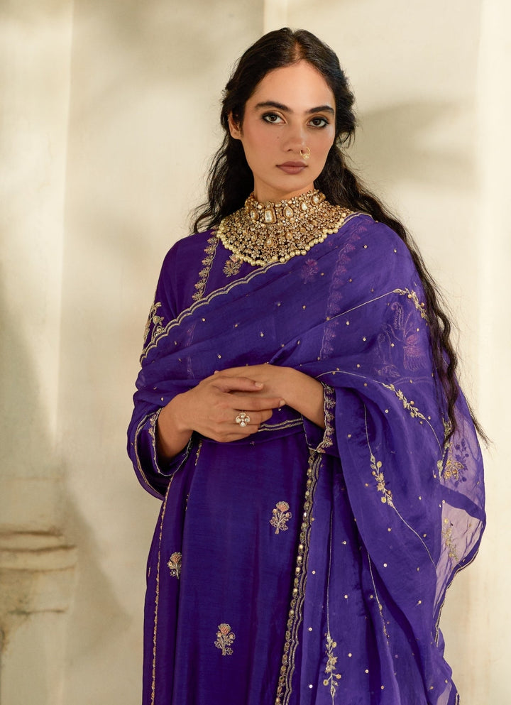 Purple Embroidered Silk Anarkali Pants Set Paulmi and Harsh - Fabilicious Fashion