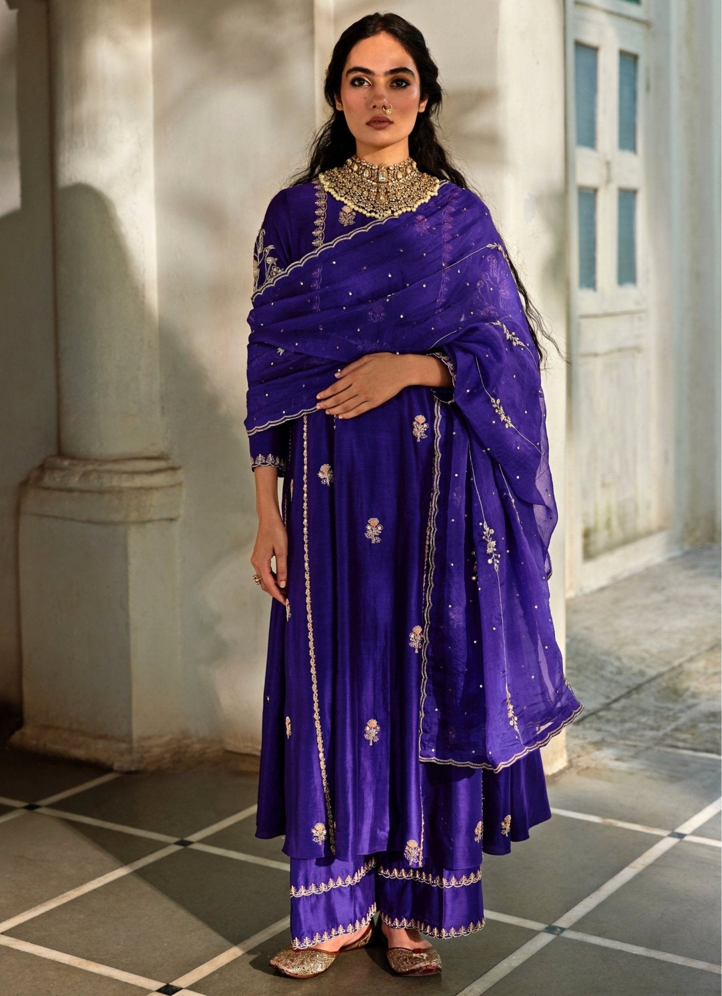 Purple anarkali pants set — eid kurta set for hosting with elegant movement