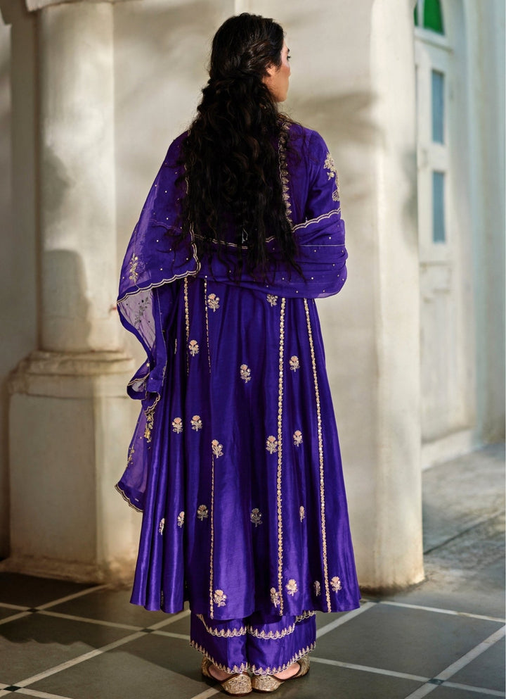 Purple Embroidered Silk Anarkali Pants Set Paulmi and Harsh - Fabilicious Fashion