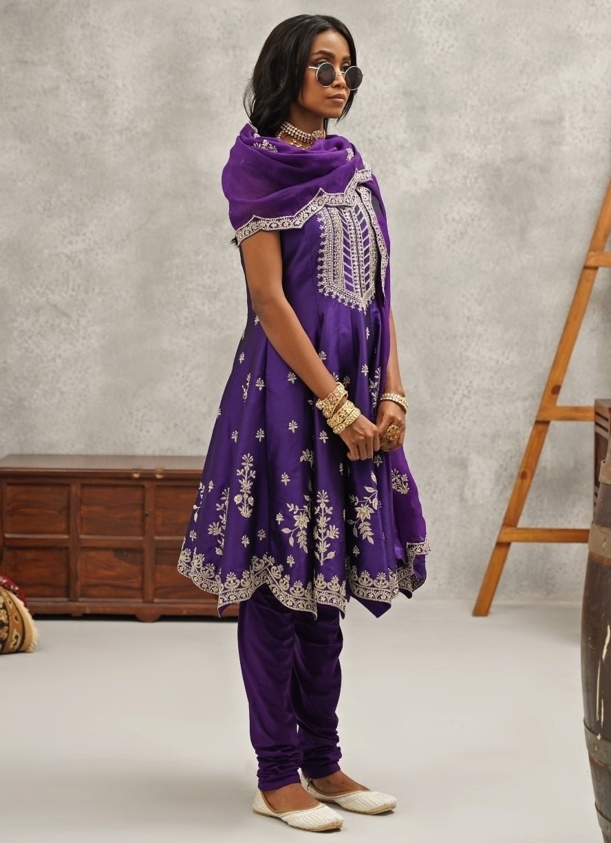 Purple Embroidered Silk Anarkali Set Kapda Dori - Fabilicious Fashion