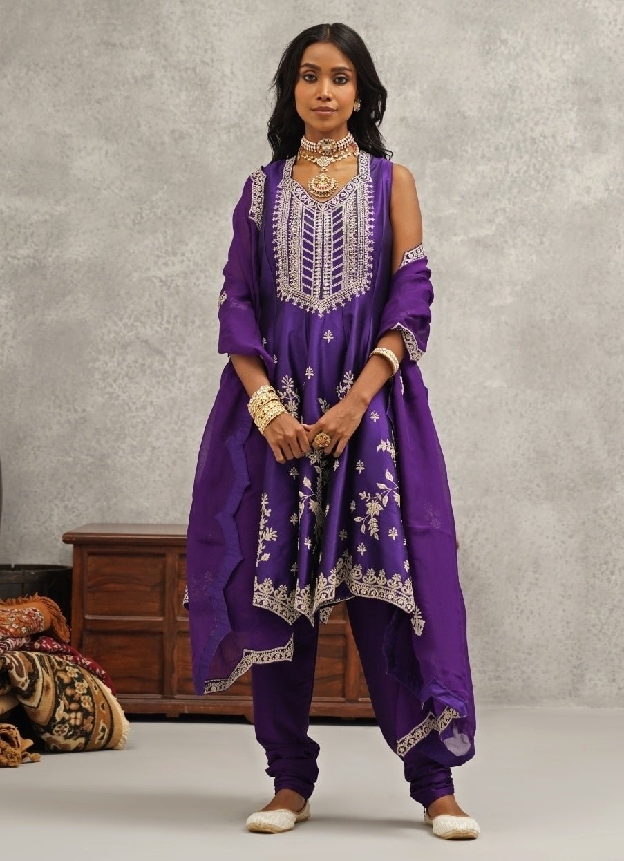 Purple Embroidered Silk Anarkali Set Kapda Dori - Fabilicious Fashion