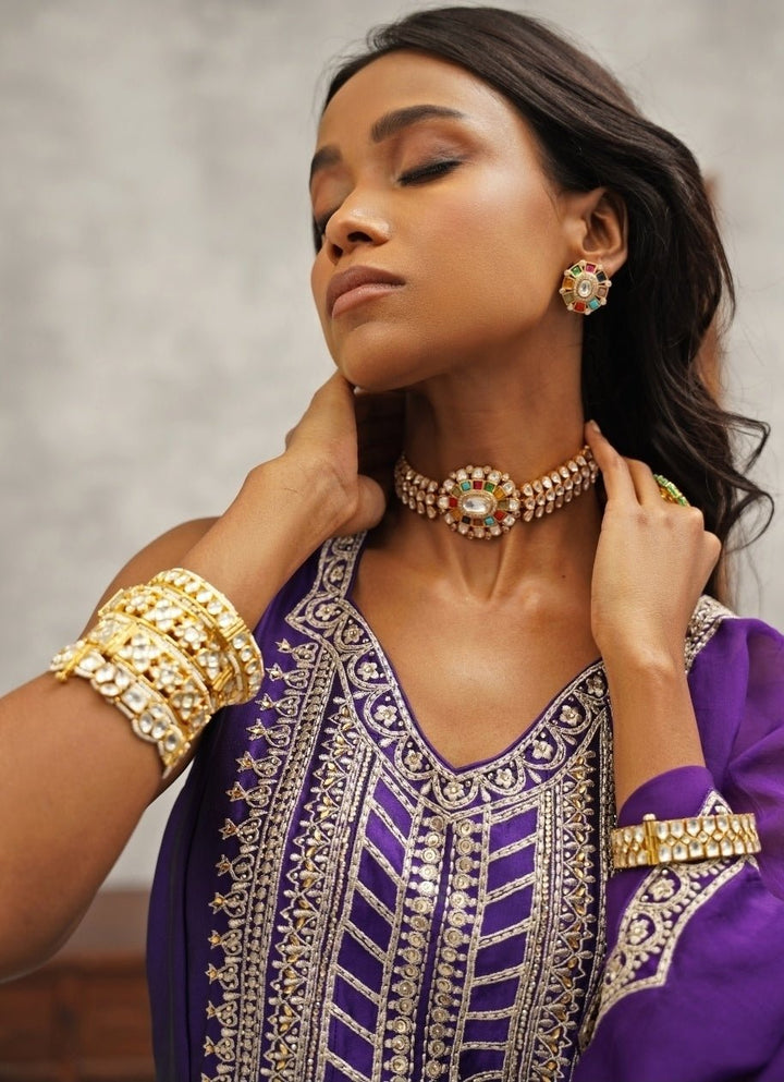 Purple Embroidered Silk Anarkali Set Kapda Dori - Fabilicious Fashion