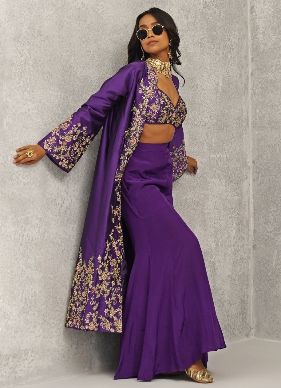 Purple Embroidered Silk Jacket Sharara Set Kapda Dori - Fabilicious Fashion
