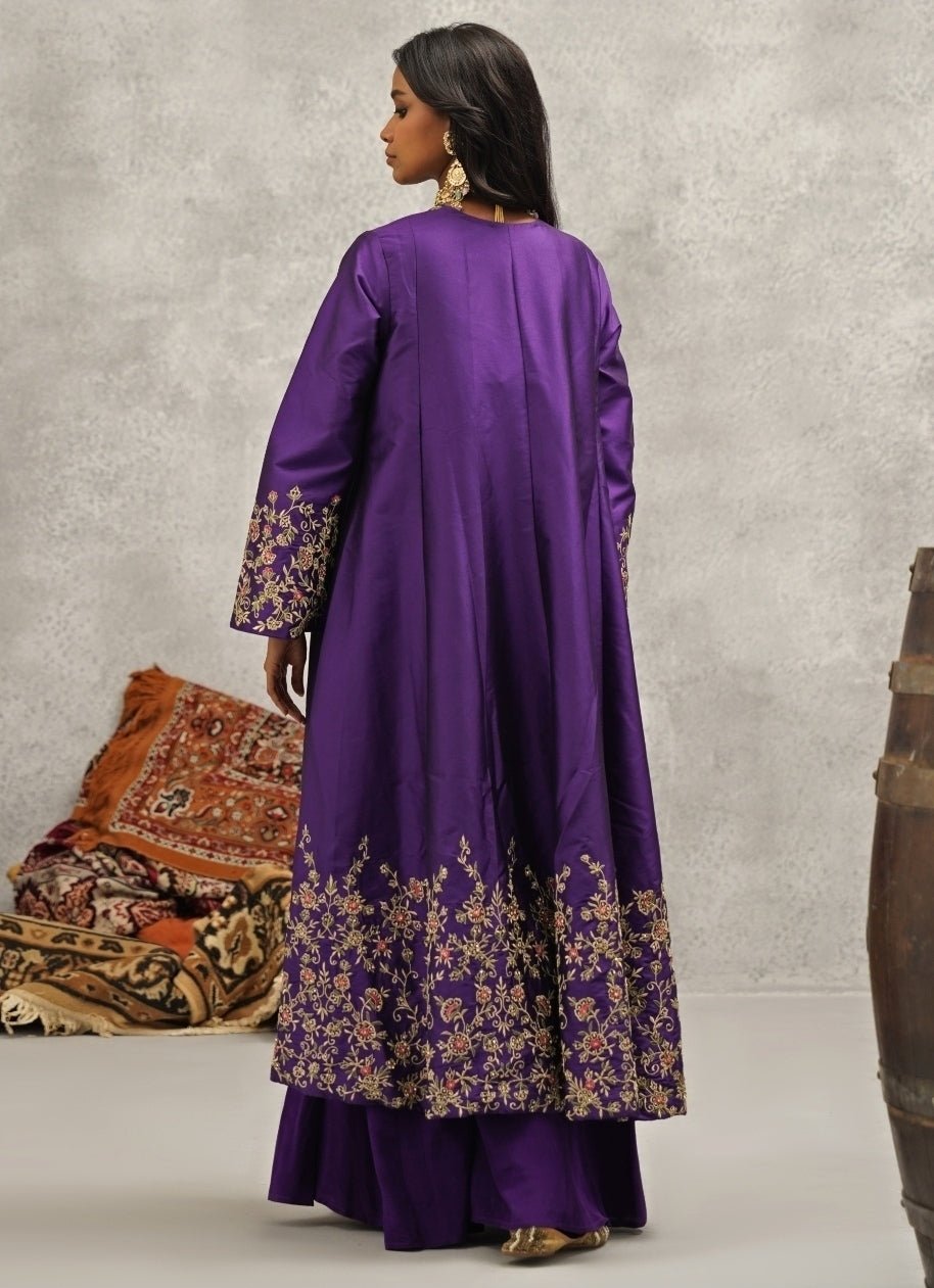 Purple Embroidered Silk Jacket Sharara Set Kapda Dori - Fabilicious Fashion