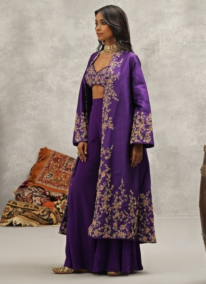 Purple Embroidered Silk Jacket Sharara Set Kapda Dori - Fabilicious Fashion