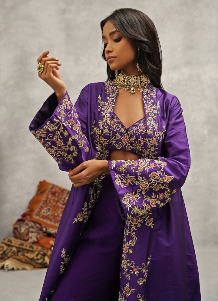 Purple Embroidered Silk Jacket Sharara Set Kapda Dori - Fabilicious Fashion