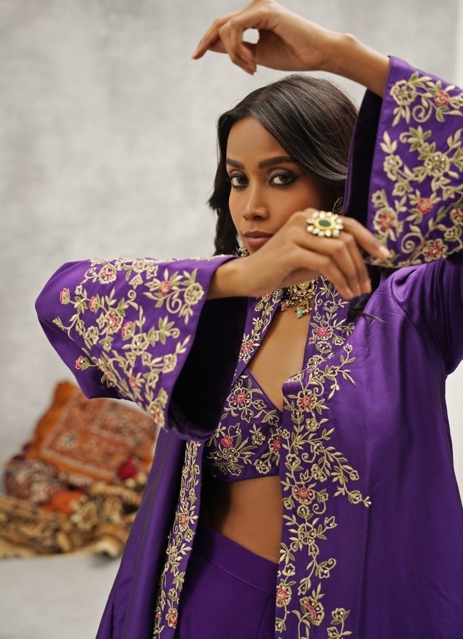 Purple Embroidered Silk Jacket Sharara Set Kapda Dori - Fabilicious Fashion