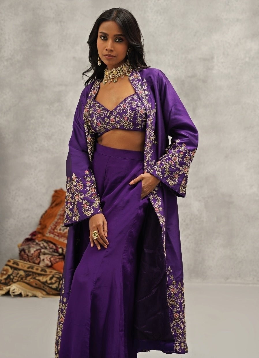 Purple Embroidered Silk Jacket Sharara Set Kapda Dori - Fabilicious Fashion