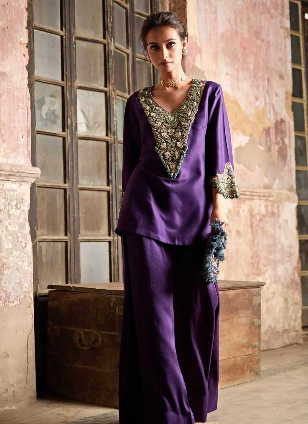 Prisho Purple Embroidered Silk Kurta Pants SetFabilicious Fashion