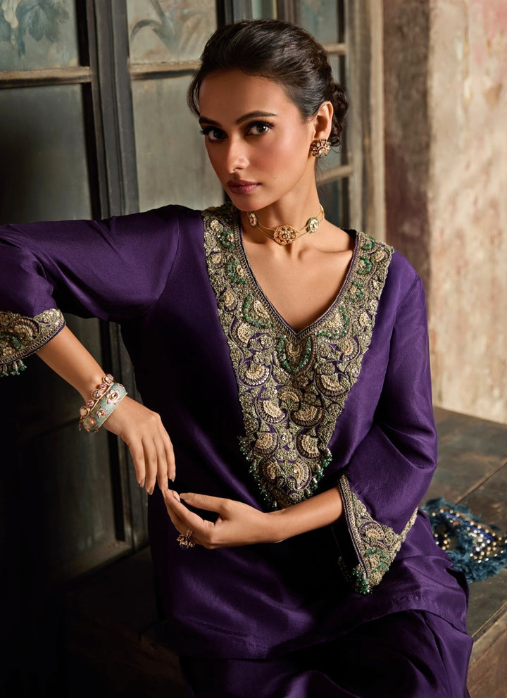 Prisho Purple Embroidered Silk Kurta Pants SetFabilicious Fashion