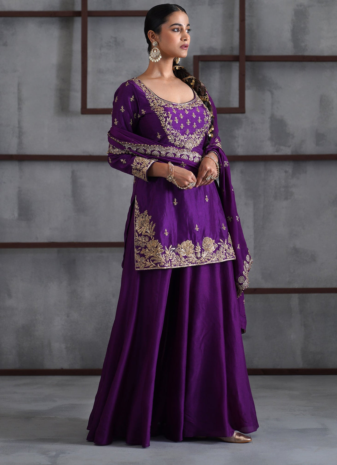 Purple Embroidered Silk Kurta Sharara Set Deepika Chadha - Fabilicious Fashion