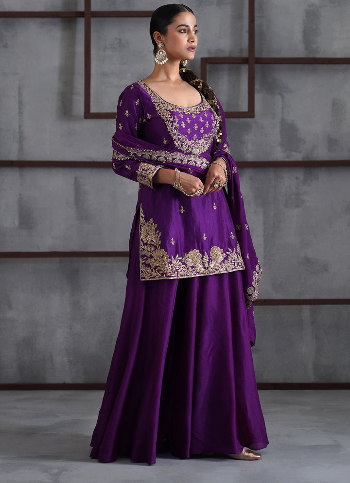 Purple Embroidered Silk Kurta Sharara Set Deepika Chadha - Fabilicious Fashion