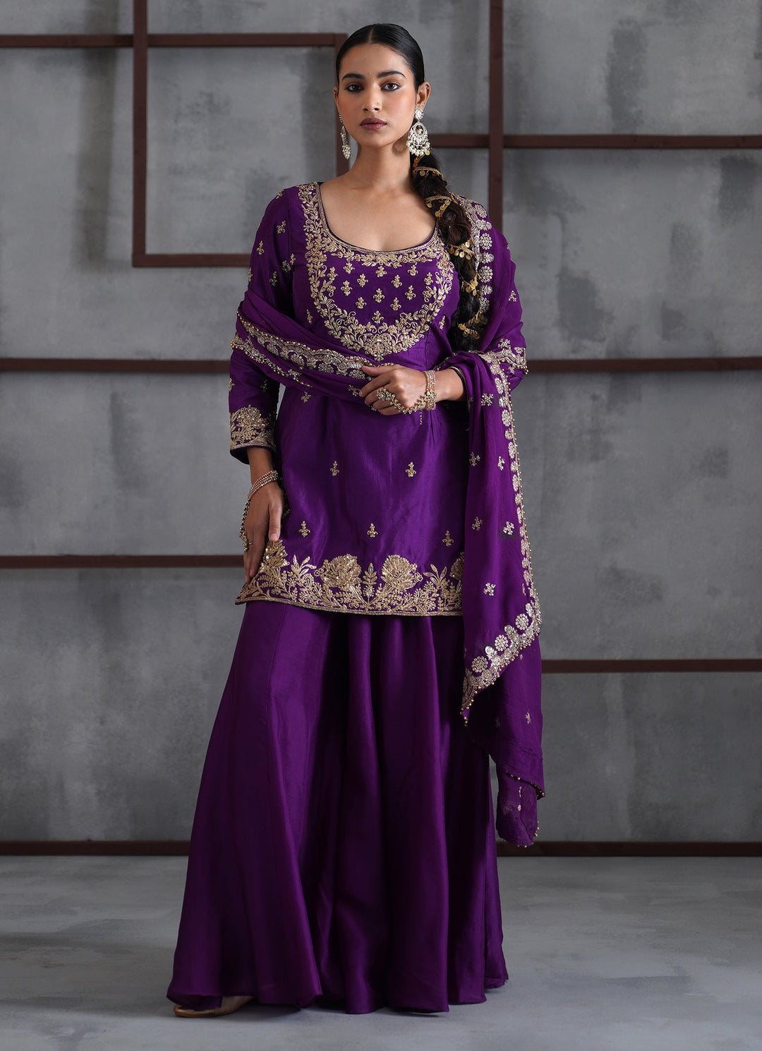 Purple Embroidered Silk Kurta Sharara Set Deepika Chadha - Fabilicious Fashion