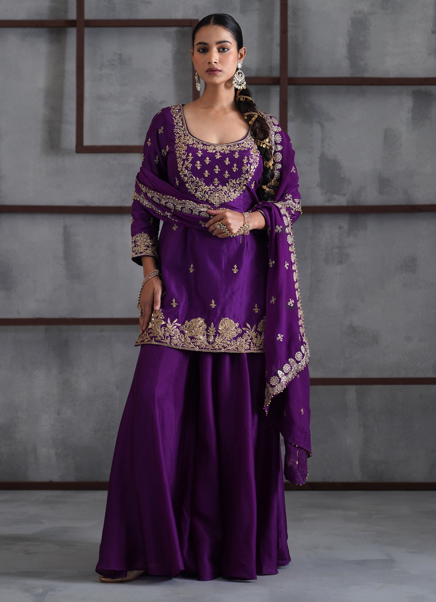 Purple embroidered silk kurta sharara set for Eid evening celebrations