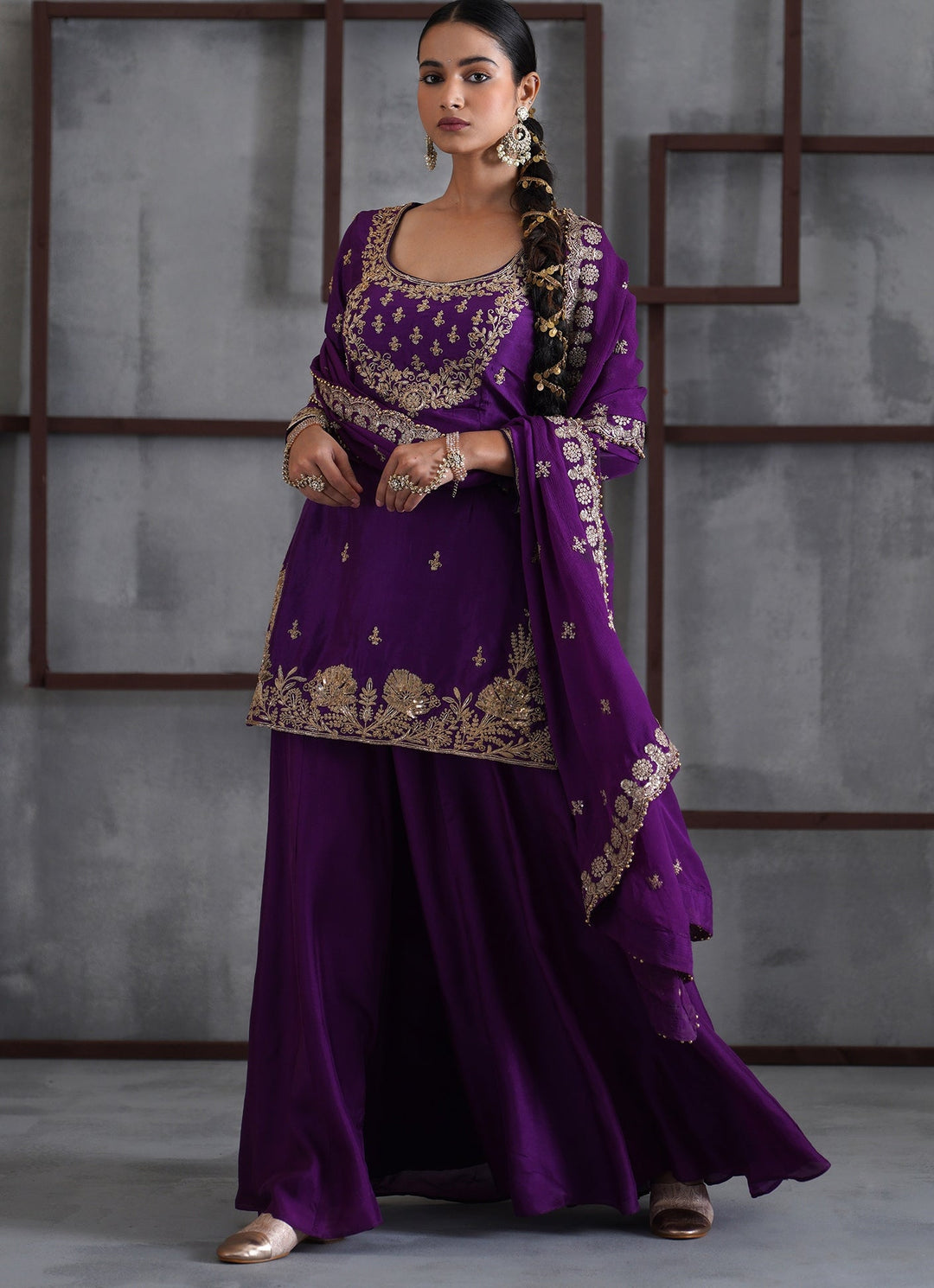 Purple Embroidered Silk Kurta Sharara Set Deepika Chadha - Fabilicious Fashion