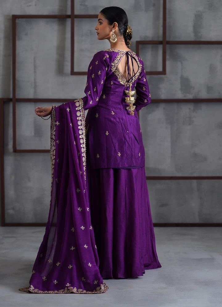 Purple Embroidered Silk Kurta Sharara Set Deepika Chadha - Fabilicious Fashion