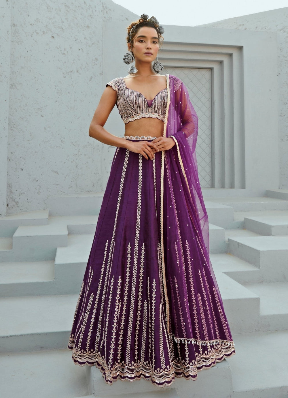 Purple Embroidered Silk Lehenga Set Chamee and Palak - Fabilicious Fashion