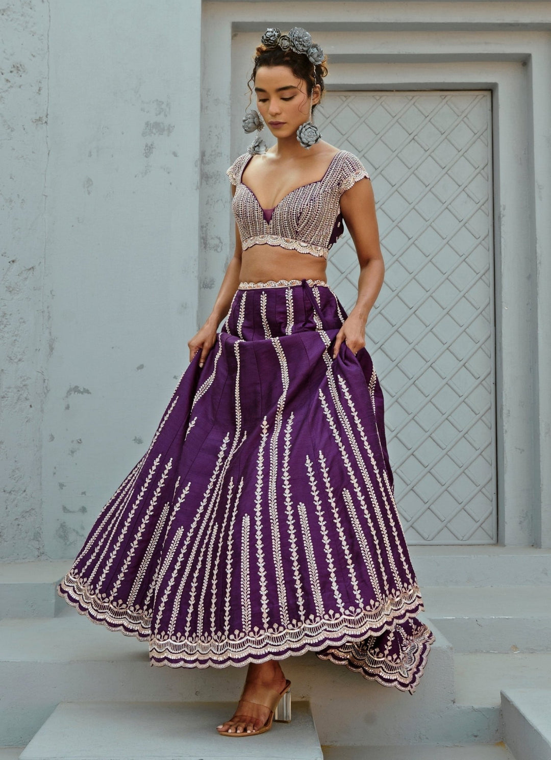 Purple Embroidered Silk Lehenga Set Chamee and Palak - Fabilicious Fashion
