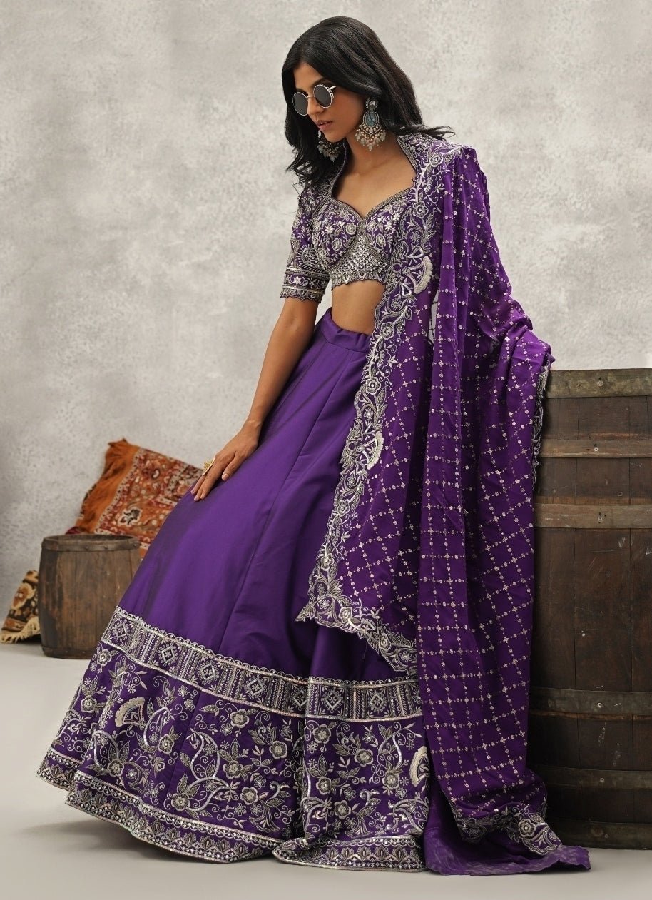 Purple Embroidered Silk Lehenga Set Kapda Dori - Fabilicious Fashion
