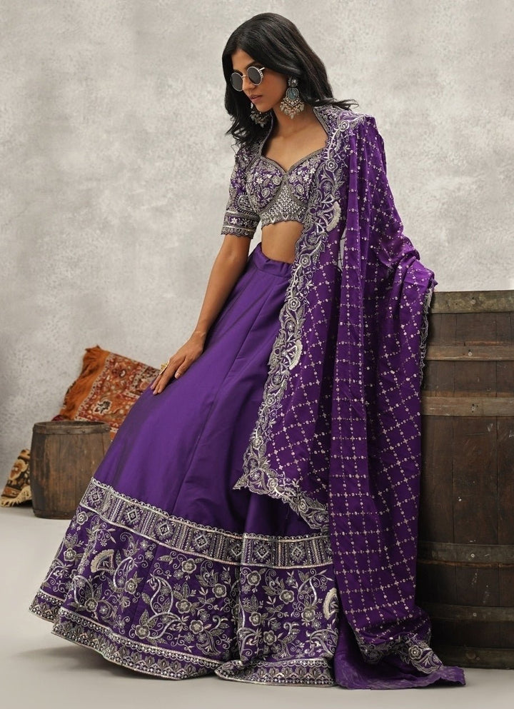 Purple Embroidered Silk Lehenga Set Kapda Dori - Fabilicious Fashion