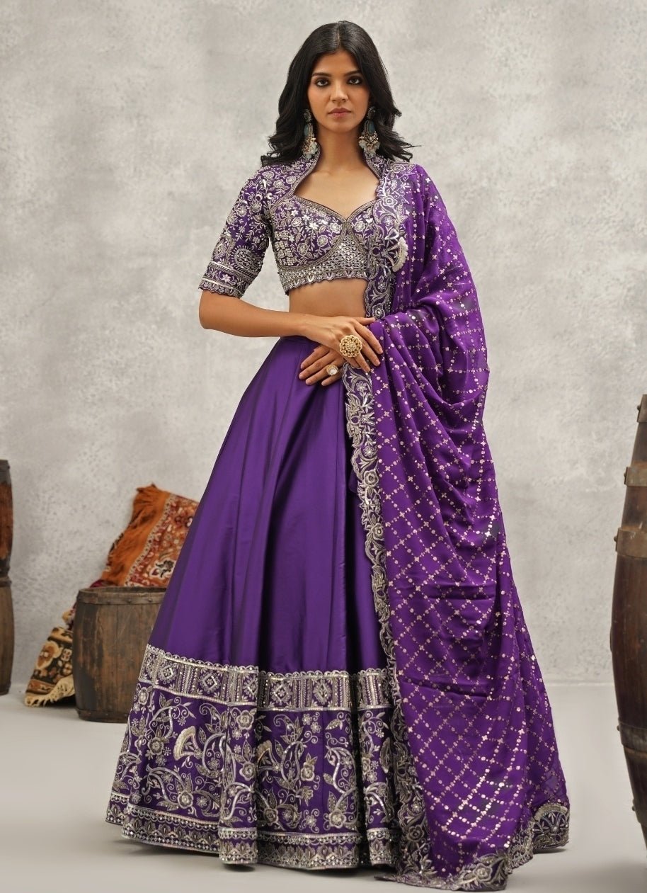 Purple Embroidered Silk Lehenga Set Kapda Dori - Fabilicious Fashion