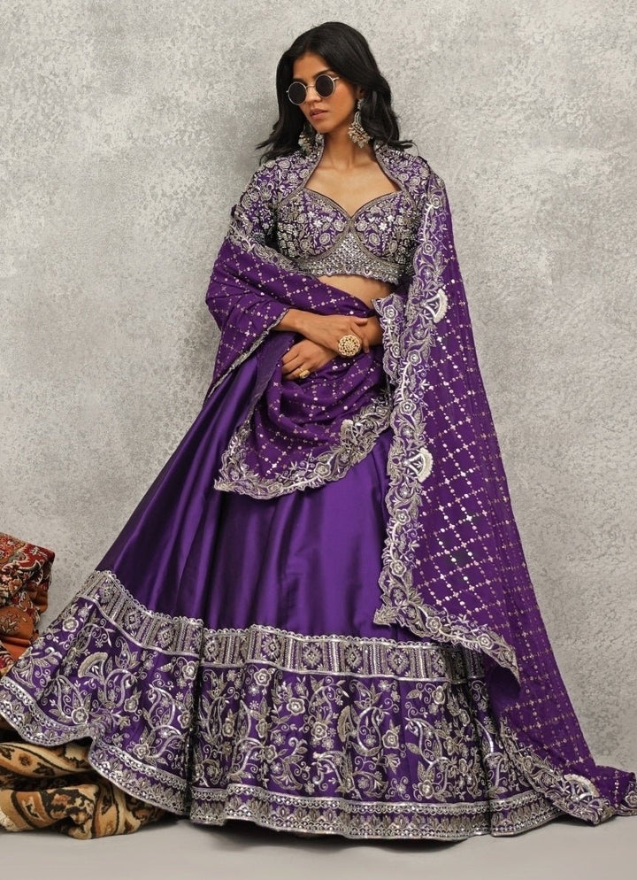 Purple Embroidered Silk Lehenga Set Kapda Dori - Fabilicious Fashion
