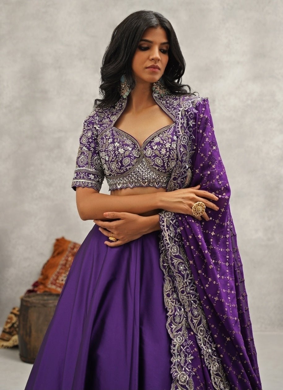 Purple Embroidered Silk Lehenga Set Kapda Dori - Fabilicious Fashion