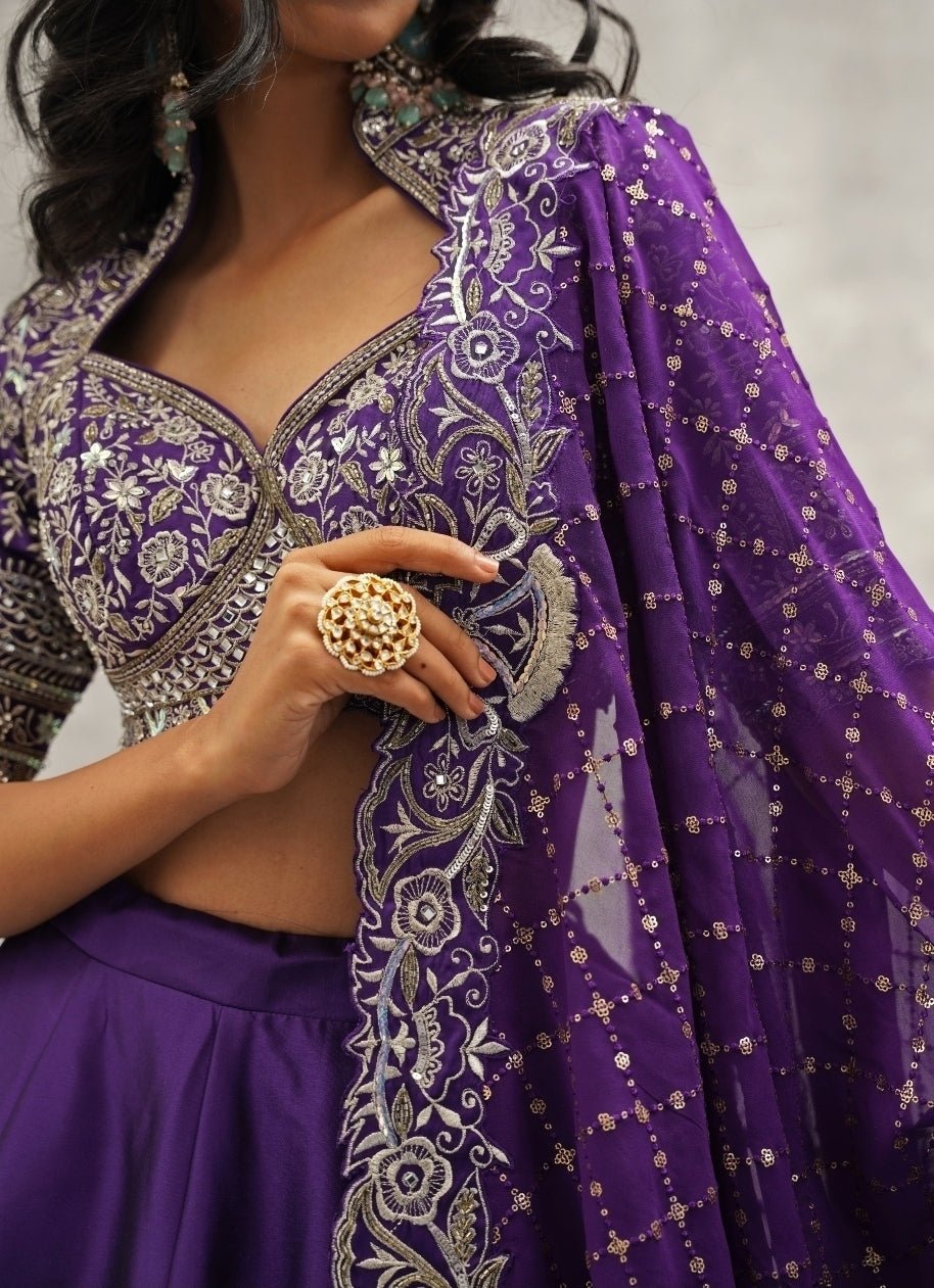 Purple Embroidered Silk Lehenga Set Kapda Dori - Fabilicious Fashion