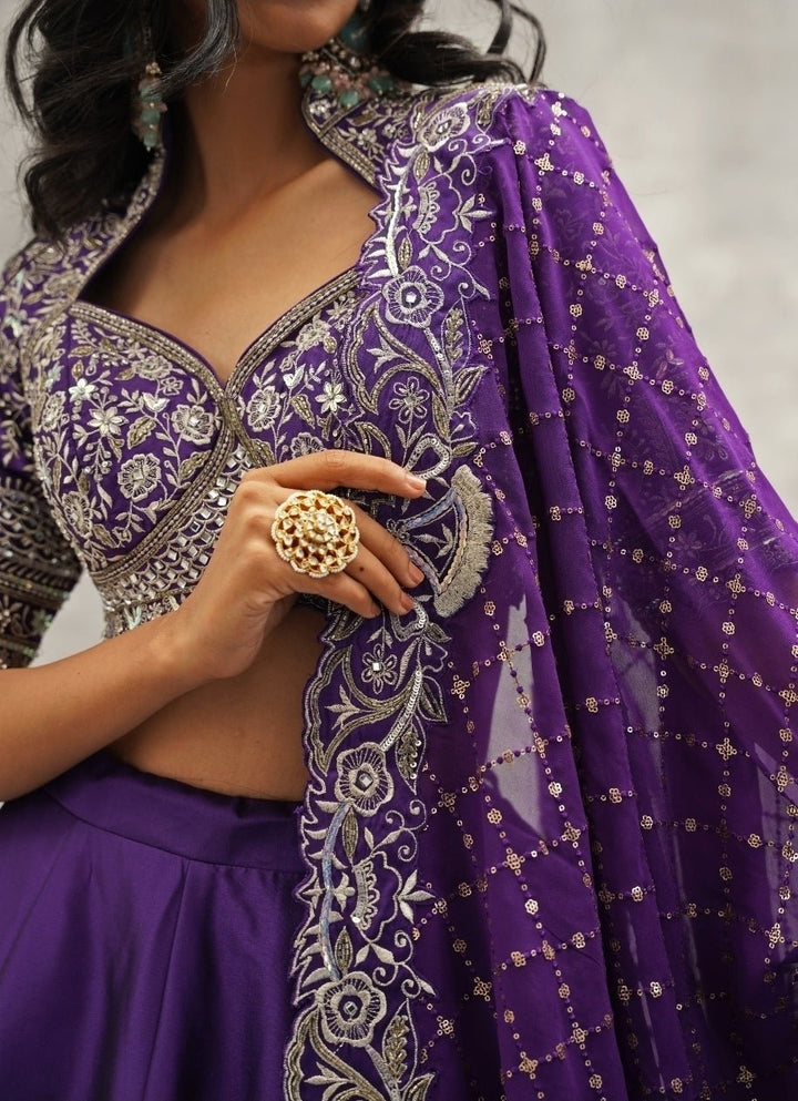 Purple Embroidered Silk Lehenga Set Kapda Dori - Fabilicious Fashion