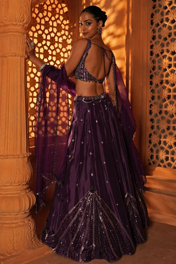 Purple embroidered silk lehenga for a London wedding reception