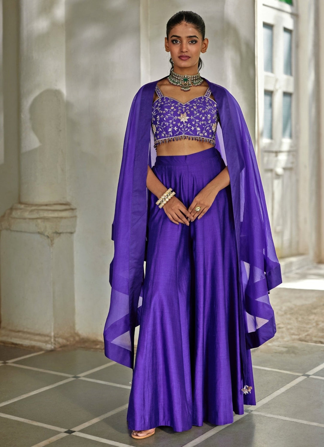 Purple Embroidered Silk Palazzo Cape Set Paulmi and Harsh - Fabilicious Fashion