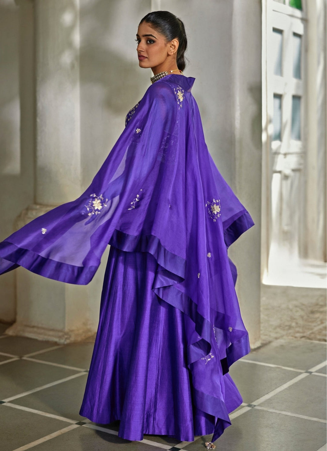 Purple Embroidered Silk Palazzo Cape Set Paulmi and Harsh - Fabilicious Fashion
