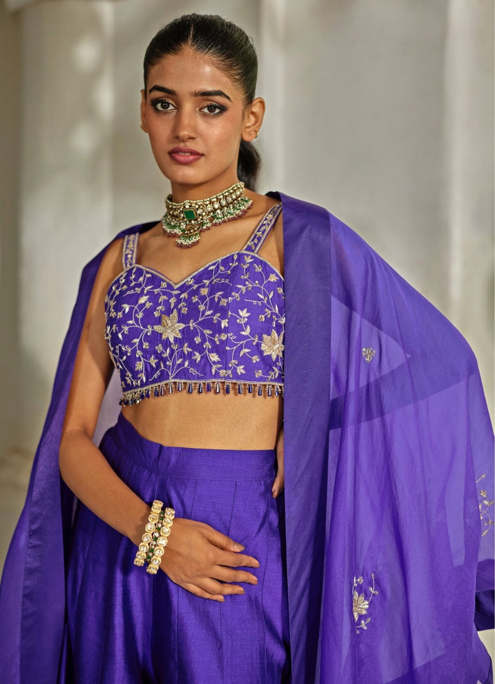 Purple Embroidered Silk Palazzo Cape Set Paulmi and Harsh - Fabilicious Fashion