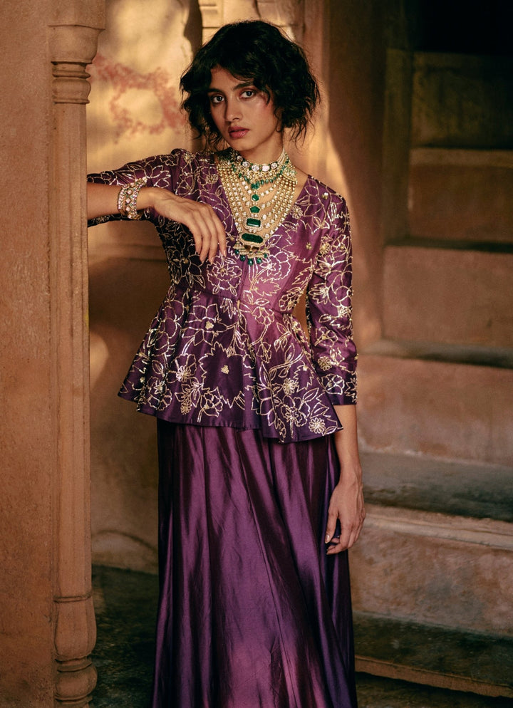 Purple Embroidered Silk Peplum Kurta Palazzo Set Paulmi and Harsh - Fabilicious Fashion