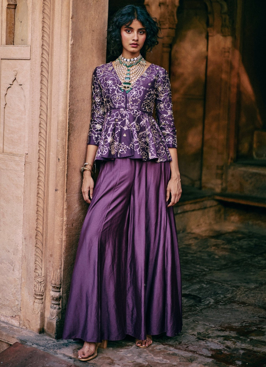 Purple Embroidered Silk Peplum Kurta Palazzo Set Paulmi and Harsh - Fabilicious Fashion