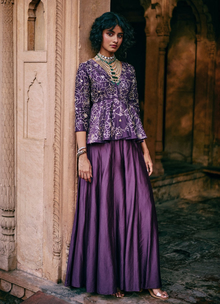 Purple Embroidered Silk Peplum Kurta Palazzo Set Paulmi and Harsh - Fabilicious Fashion