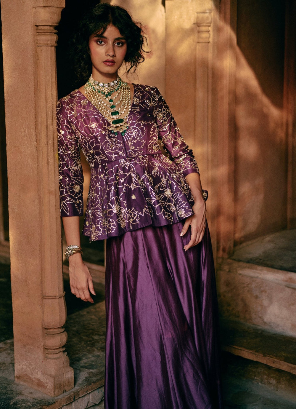 Purple Embroidered Silk Peplum Kurta Palazzo Set Paulmi and Harsh - Fabilicious Fashion