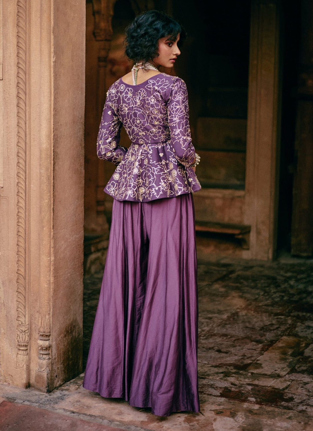 Purple Embroidered Silk Peplum Kurta Palazzo Set Paulmi and Harsh - Fabilicious Fashion