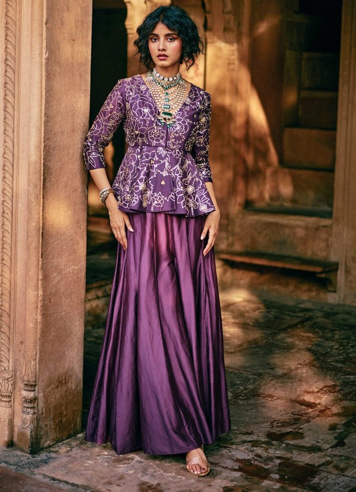 Purple Embroidered Silk Peplum Kurta Palazzo Set Paulmi and Harsh - Fabilicious Fashion