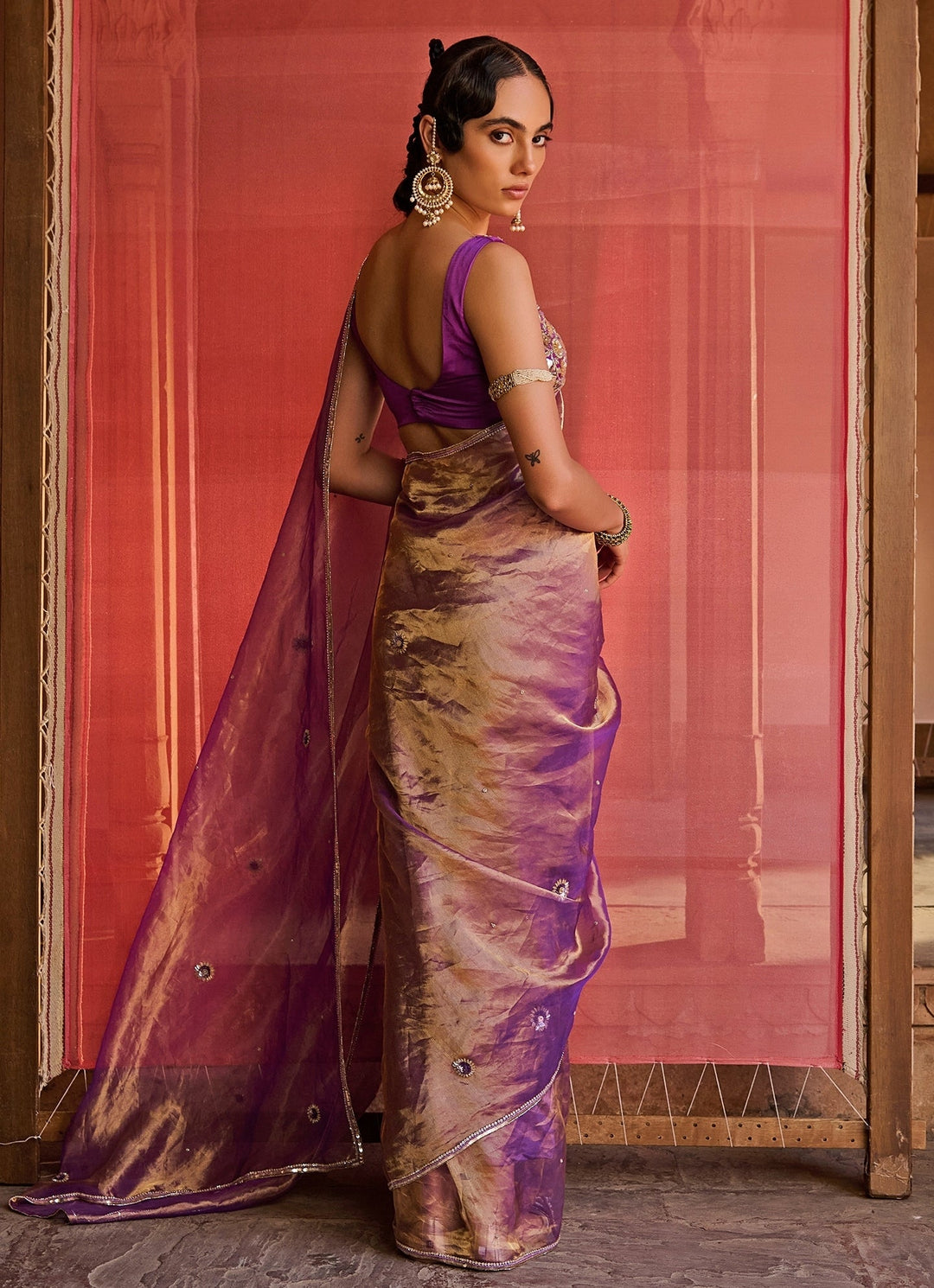 Purple Embroidered Silk Tissue Saree Set Zoon Tribe - Fabilicious Fashion