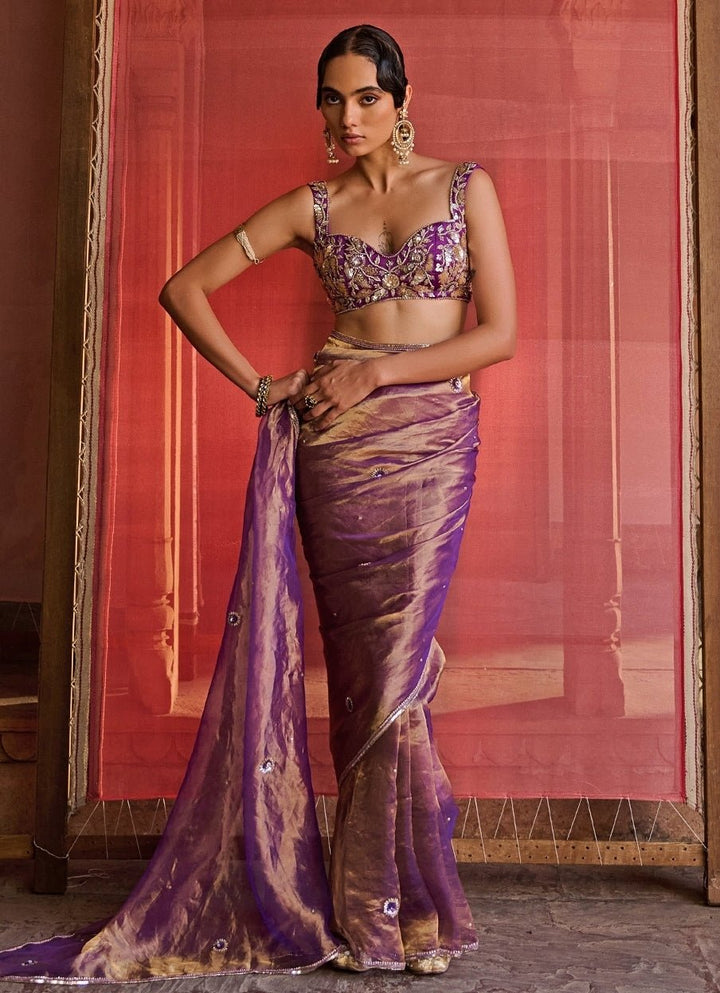 Purple Embroidered Silk Tissue Saree Set Zoon Tribe - Fabilicious Fashion