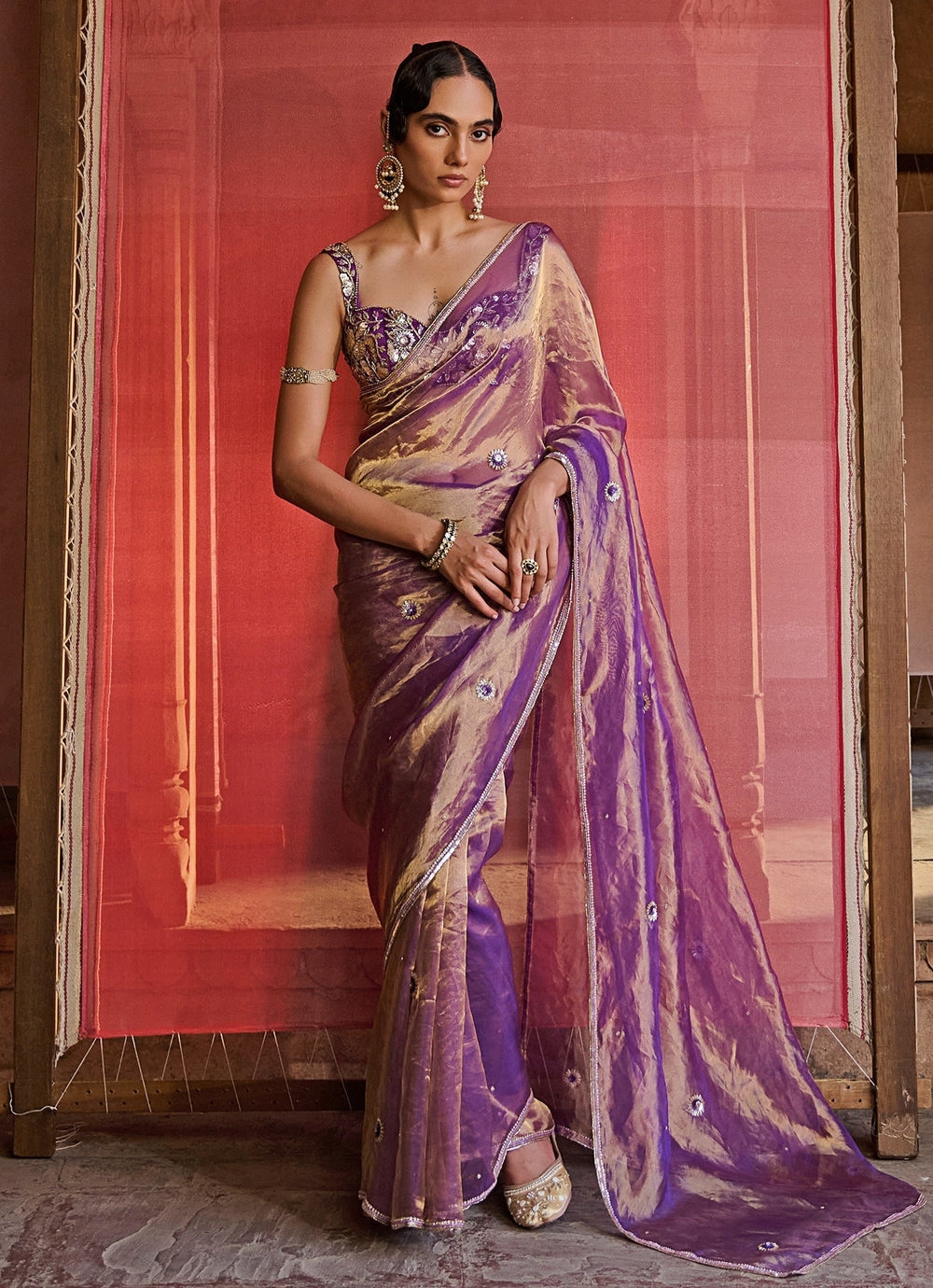 Purple Embroidered Silk Tissue Saree Set Zoon Tribe - Fabilicious Fashion