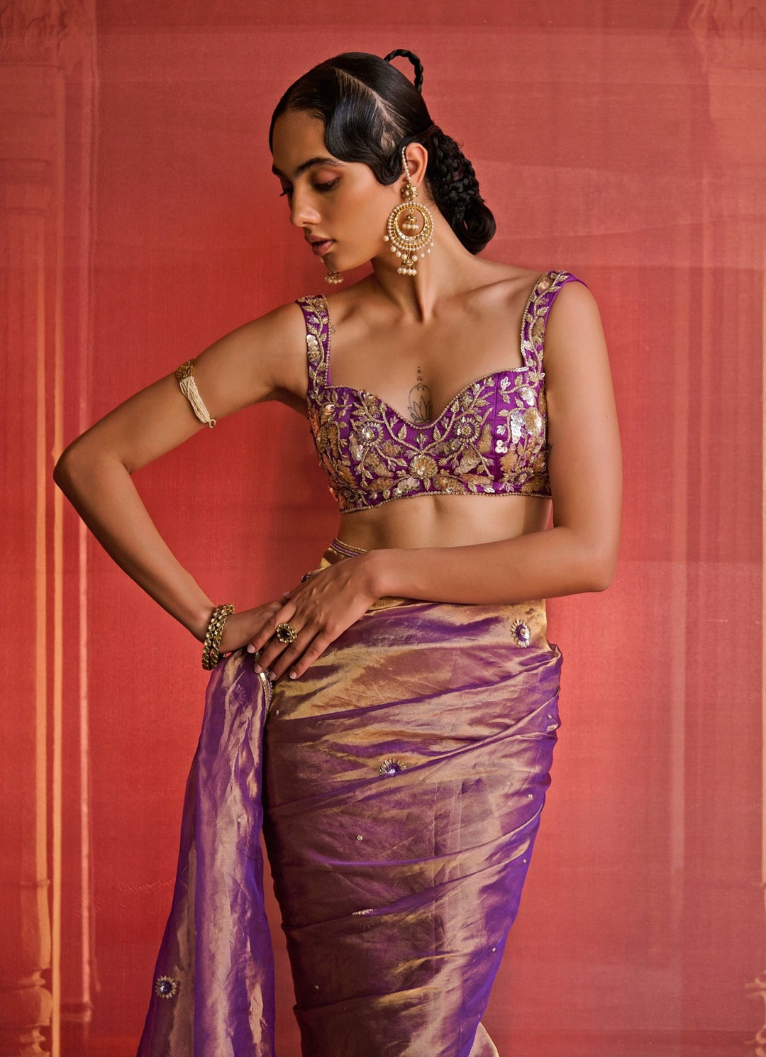 Purple Embroidered Silk Tissue Saree Set Zoon Tribe - Fabilicious Fashion