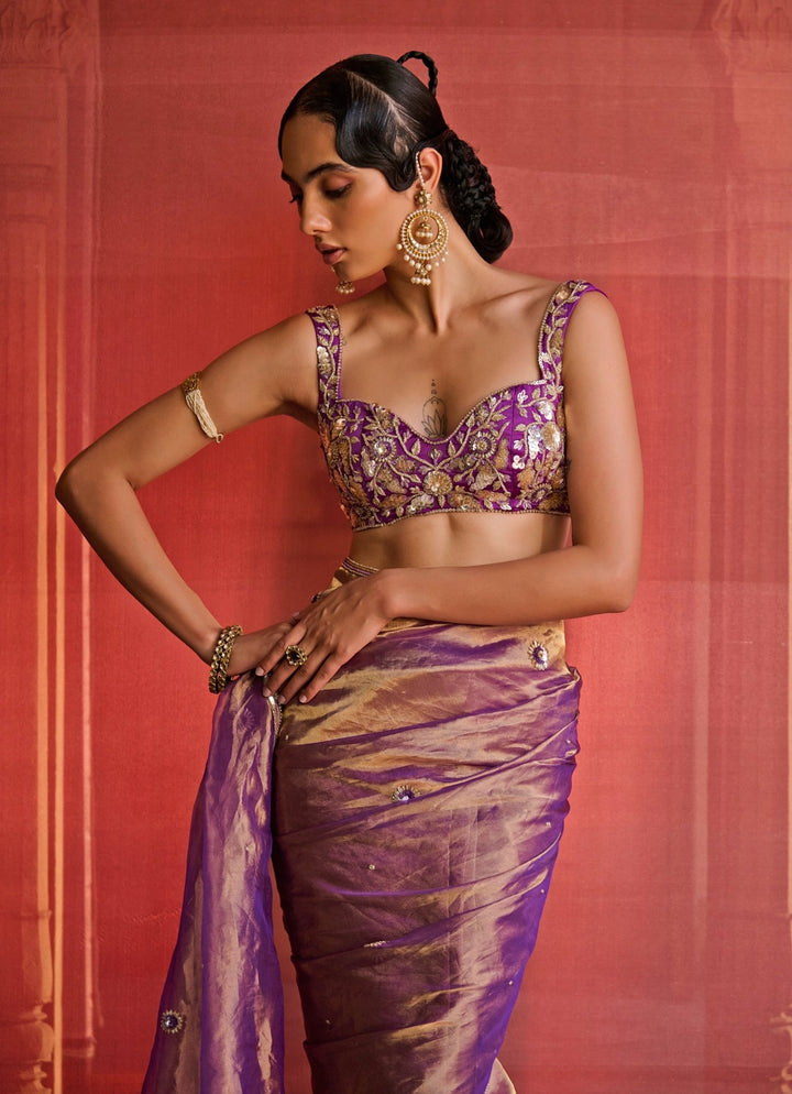 Purple Embroidered Silk Tissue Saree Set Zoon Tribe - Fabilicious Fashion
