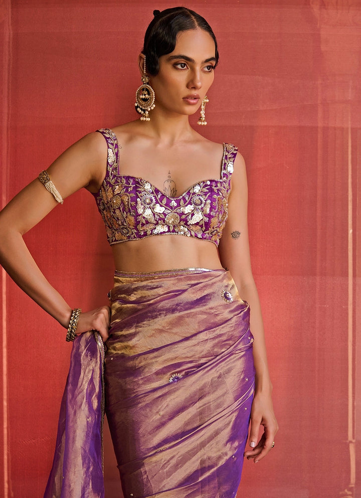 Purple Embroidered Silk Tissue Saree Set Zoon Tribe - Fabilicious Fashion
