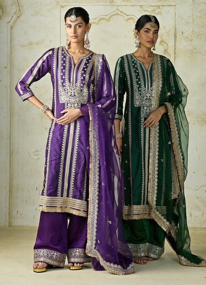 Gopi Vaid Purple Embroidered Tussar Kurta Palazzo SetFabilicious Fashion