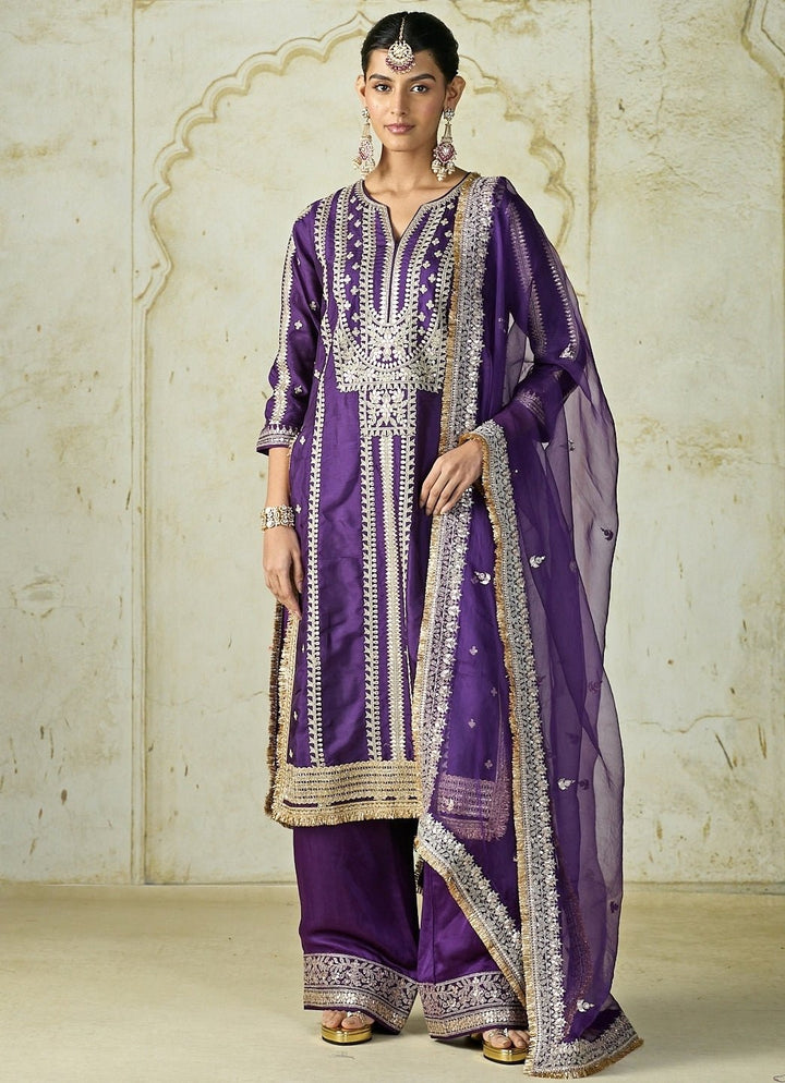 Gopi Vaid Purple Embroidered Tussar Kurta Palazzo SetFabilicious Fashion