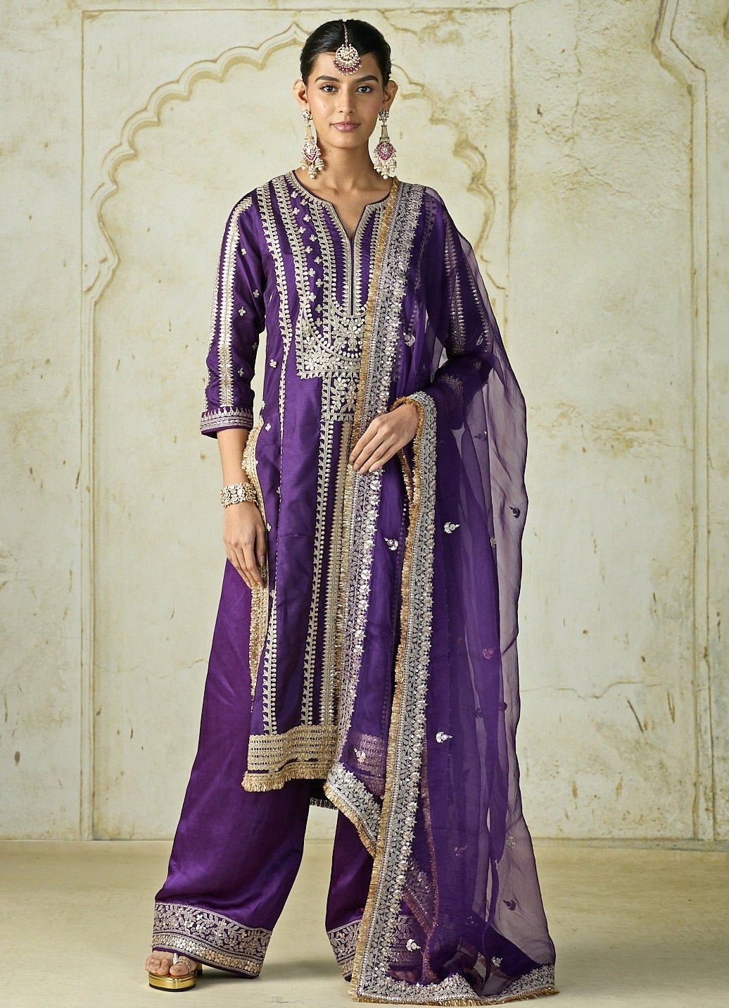 Gopi Vaid Purple Embroidered Tussar Kurta Palazzo SetFabilicious Fashion