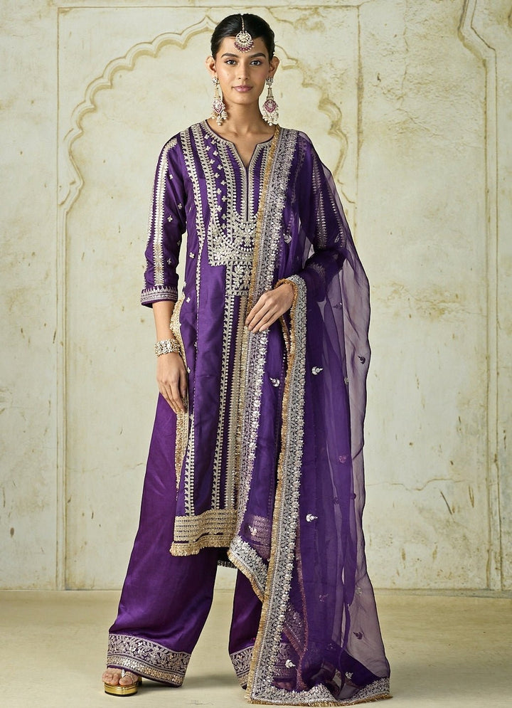 Gopi Vaid Purple Embroidered Tussar Kurta Palazzo SetFabilicious Fashion