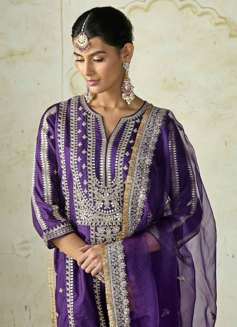 Gopi Vaid Purple Embroidered Tussar Kurta Palazzo SetFabilicious Fashion